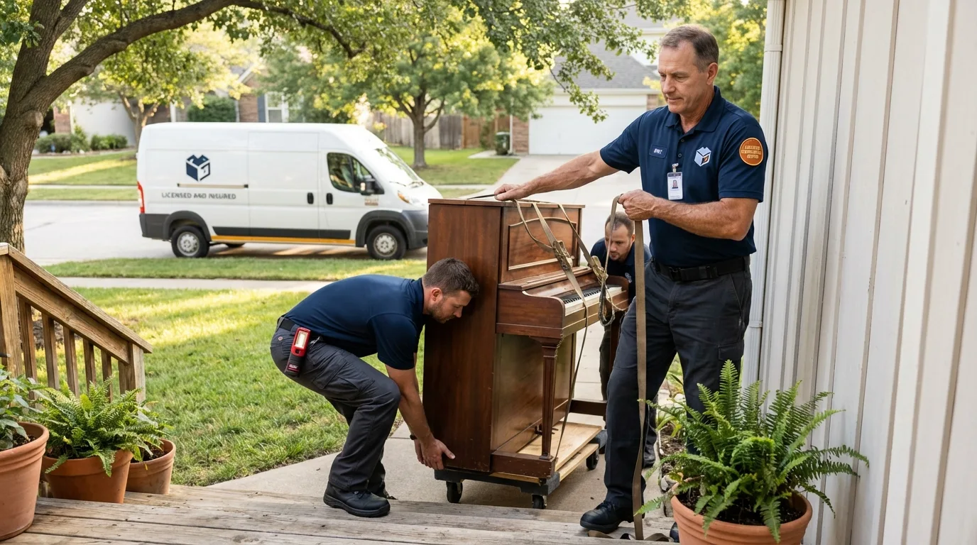 Licensed piano movers securing grand piano in Uniontown, OH