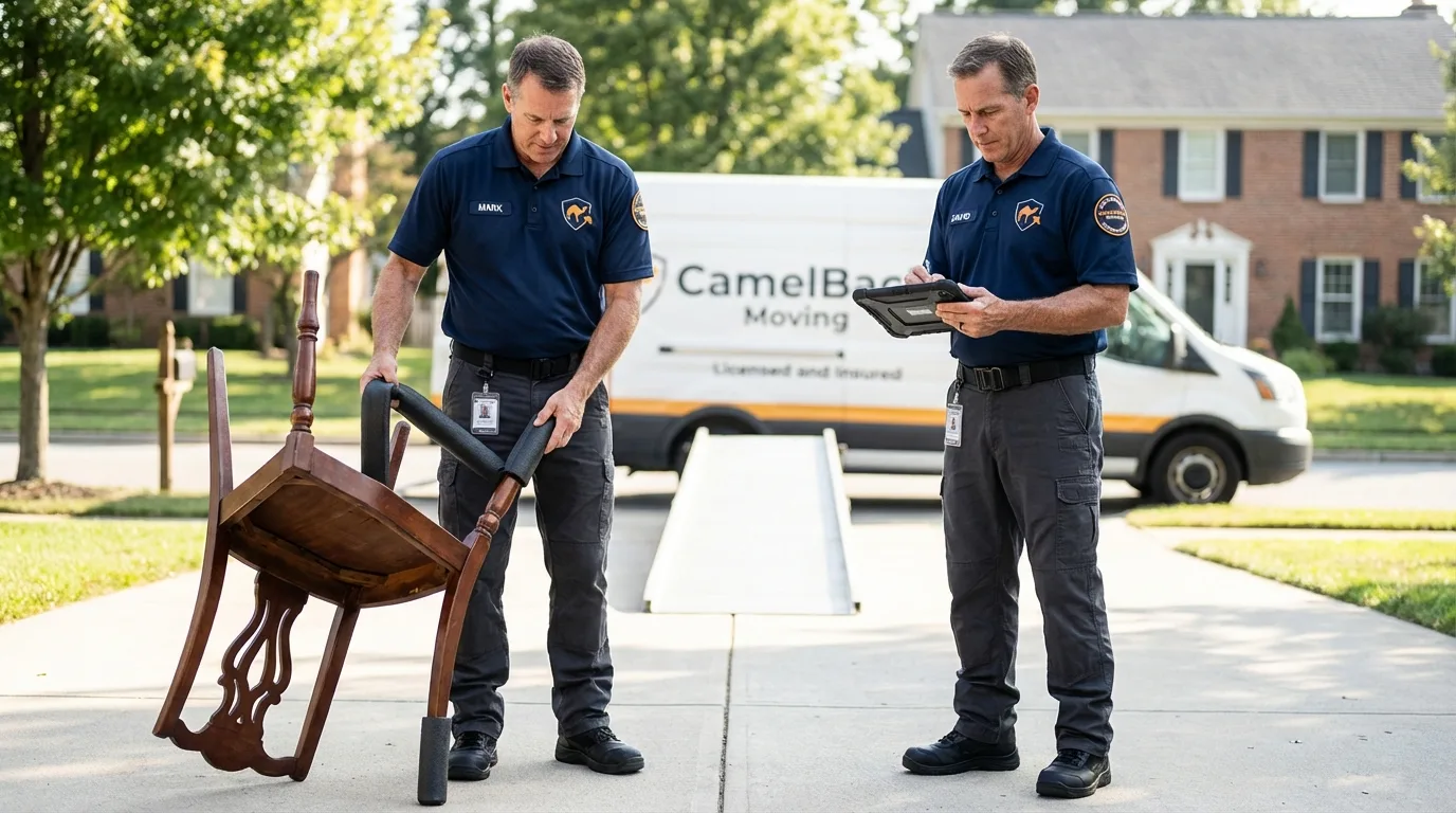 Movers inspecting furniture for damage prevention before loading in Uniontown, OH