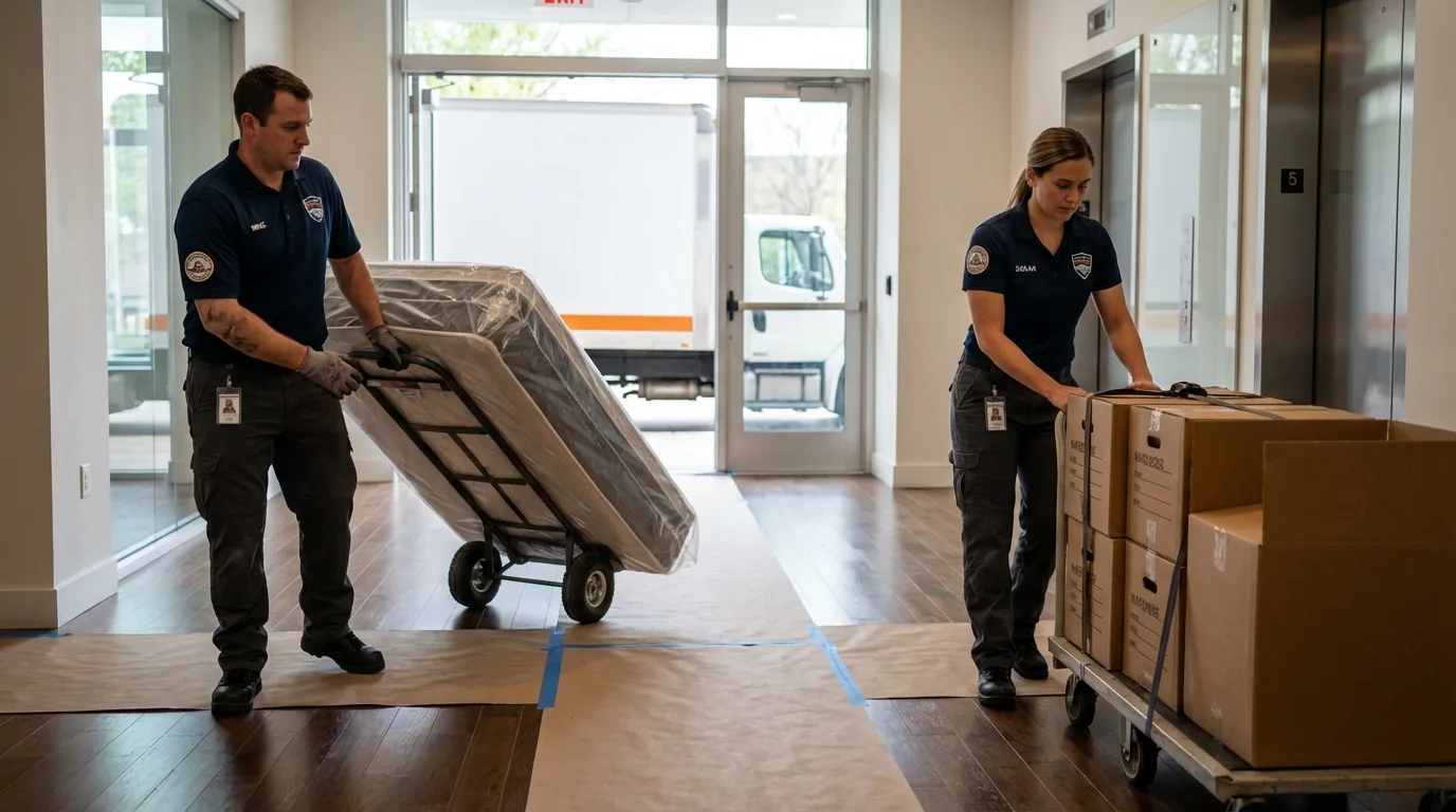Professional apartment movers loading elevator in Uniontown, OH