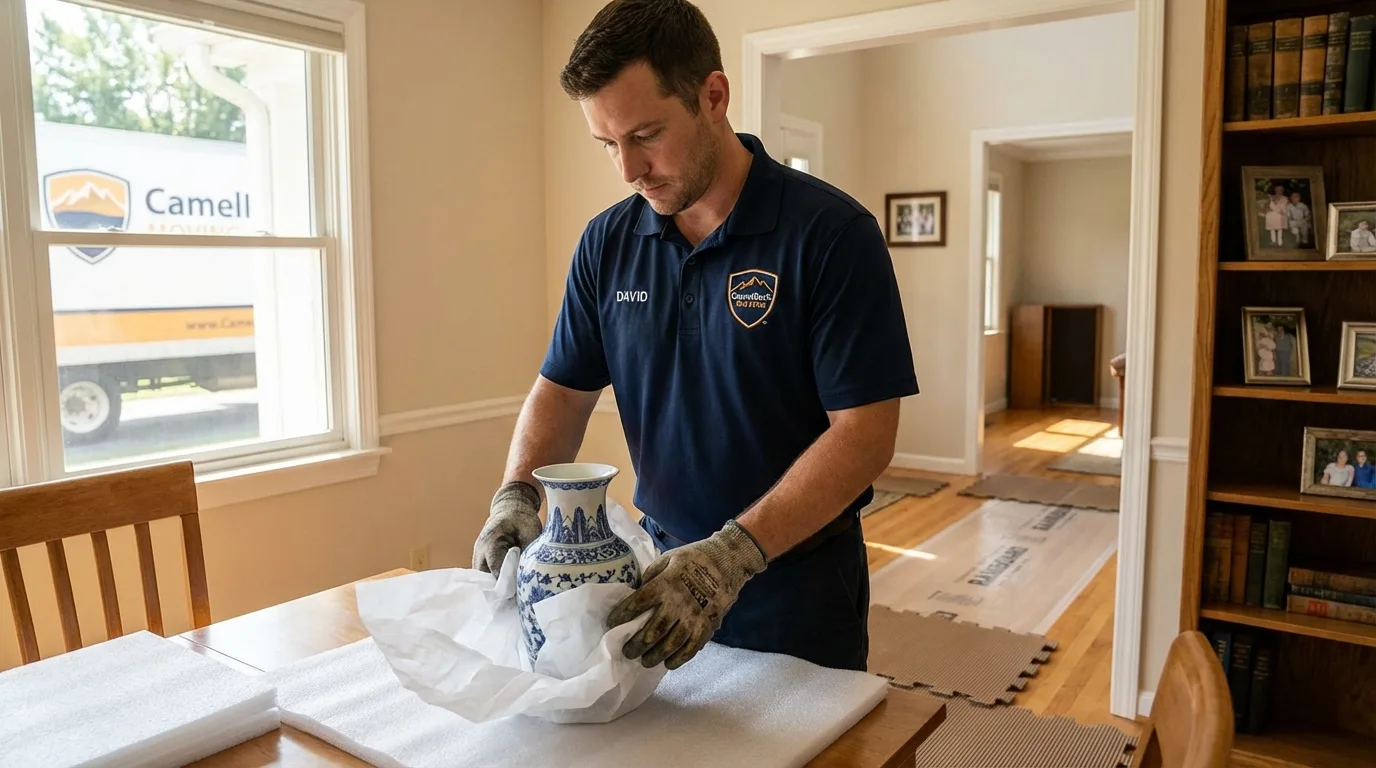 Professional crew carefully wrapping antique vase for senior downsizing move in Uniontown, OH